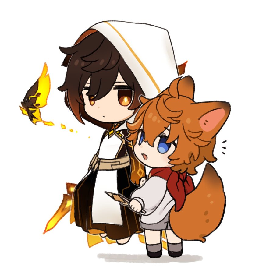 2boys blue_eyes brown_eyes brown_hair bug butterfly chibi closed_mouth crystalfly_(genshin_impact) genshin_impact grey_shorts highres holding holding_weapon hood hood_up insect long_hair marimo_jh multiple_boys orange_hair polearm red_scarf scarf shorts simple_background tartaglia_(genshin_impact) tunic very_long_hair vortex_vanquisher_(genshin_impact) weapon white_background white_tunic zhongli_(archon)_(genshin_impact) zhongli_(genshin_impact)
