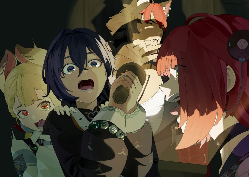 1boy 3girls @_@ absurdres accessories alice_thymefield animal_ear_fluff animal_ears behind_another beizi_(clothing) belle_(delicate_sunlight)_(zenless_zone_zero) belle_(zenless_zone_zero) black_gloves black_hair black_jacket black_sailor_collar blonde_hair blue_hair cardigan chinese_clothes choker commentary_request dog_boy dog_ears dress dress_over_shirt ear_piercing fingerless_gloves flashlight from_side gloves green_eyes hair_between_eyes hair_ornament hand_on_another&#039;s_shoulder hearing_aid heterochromia highres holding holding_flashlight indoors jacket komano_manato letter_hair_ornament multicolored_hair multicolored_nails multiple_girls muscular muscular_male official_alternate_costume one_eye_closed open_mouth orange_dress pectorals piercing pink_cardigan rabbit_ears rabbit_girl red_eyes red_hair sailor_collar scar scar_across_eye scar_on_face scared shadow shinarika396 shirt short_hair sphere_hair_ornament tears teeth tongue twintails ukinami_yuzuha white_shirt yellow_eyes zenless_zone_zero