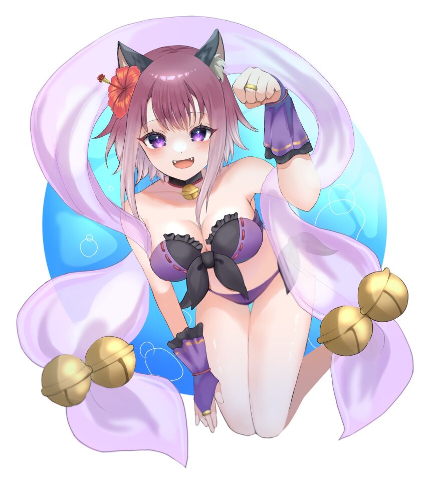 1girl :3 :d animal_ear_fluff animal_ears bare_shoulders bell bikini blush breasts cat_ears cat_girl cleavage commentary_request fangs fangs_out flower full_body hair_flower hair_ornament highres jingle_bell looking_at_viewer medium_breasts navel official_alternate_costume open_mouth princess_connect! purple_bikini purple_eyes ribbon-trimmed_bikini ribbon_trim shiroue_tomari short_hair smile solo swimsuit tamaki_(princess_connect!) tamaki_(summer)_(princess_connect!) white_background