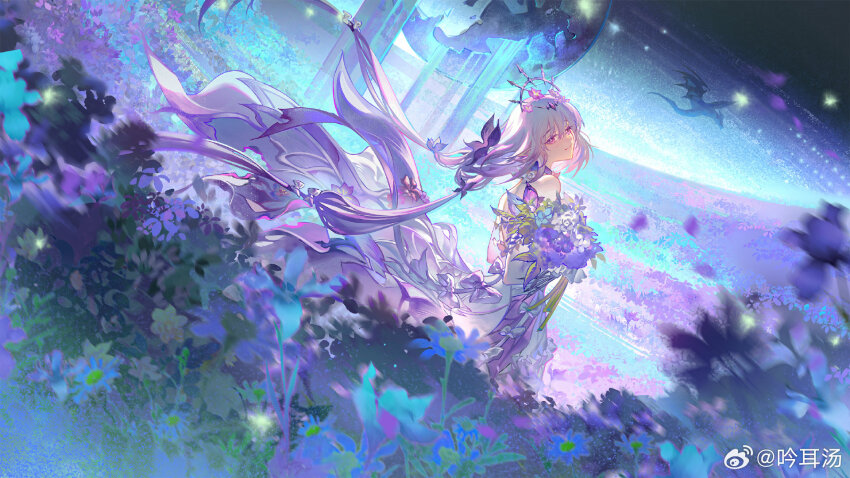 bare_shoulders black_tiara bouquet bright_pupils bug butterfly castorice_(honkai:_star_rail) closed_mouth dress floating_hair flower from_behind grey_hair highres holding holding_bouquet honkai:_star_rail honkai_(series) insect long_hair outdoors purple_butterfly purple_eyes purple_hair smile solo tiara white_dress white_pupils yinzinmiemie