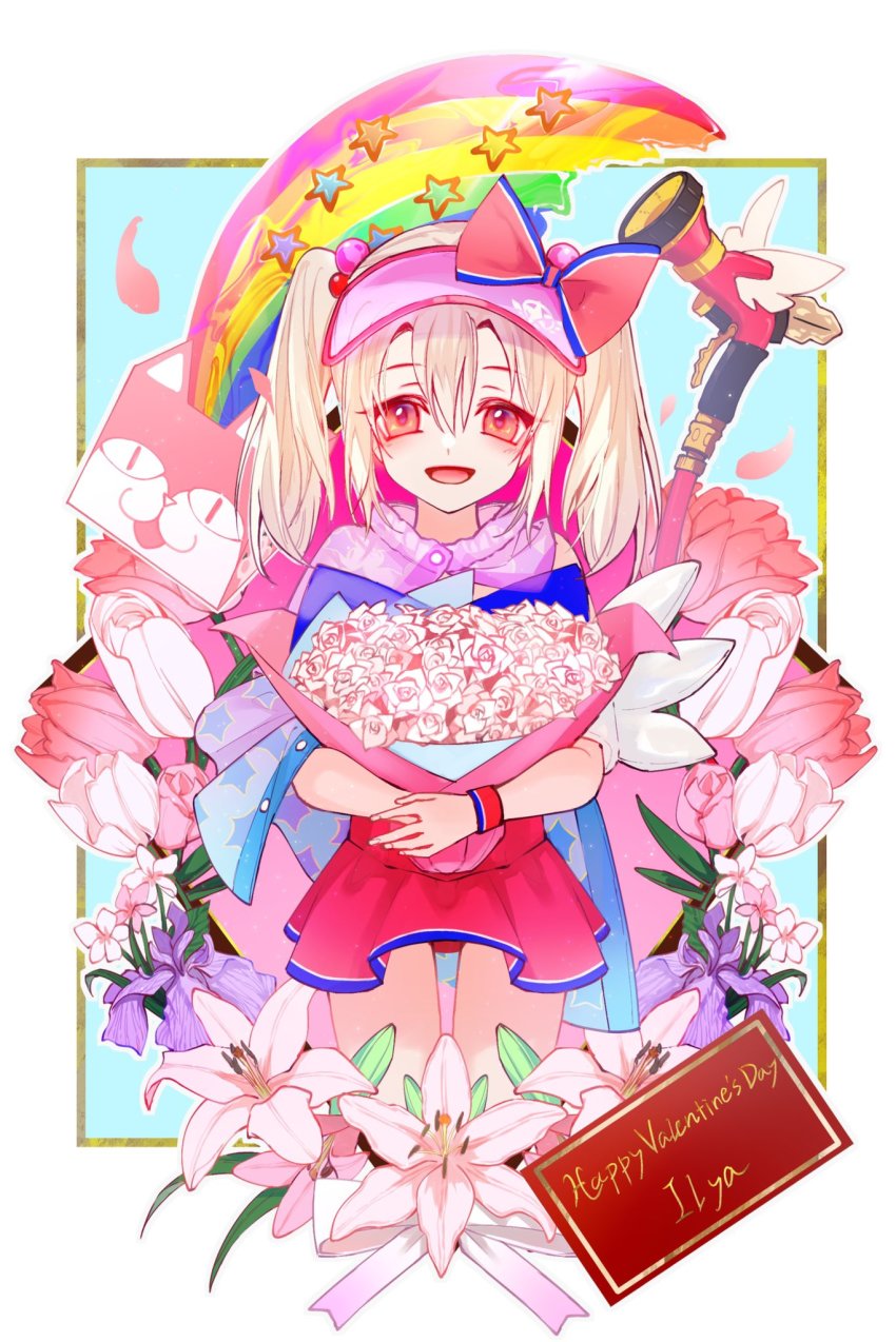 00kashian00 1girl bikini blush bouquet bow cape dress dress_swimsuit fate/grand_order fate_(series) feet_out_of_frame floral_background flower happy_valentine hat highres holding holding_bouquet holding_flower hose hose_nozzle illyasviel_von_einzbern illyasviel_von_einzbern_(swimsuit_archer) illyasviel_von_einzbern_(swimsuit_archer)_(second_ascension) lily_(flower) long_hair looking_at_viewer magical_ruby magical_ruby_(hose) one-piece_swimsuit open_mouth petals pink_bikini pink_cape rainbow red_bikini red_eyes red_one-piece_swimsuit ribbon smile solo star_(symbol) star_print swimsuit text_background twintails type-moon valentine visor_cap white_hair