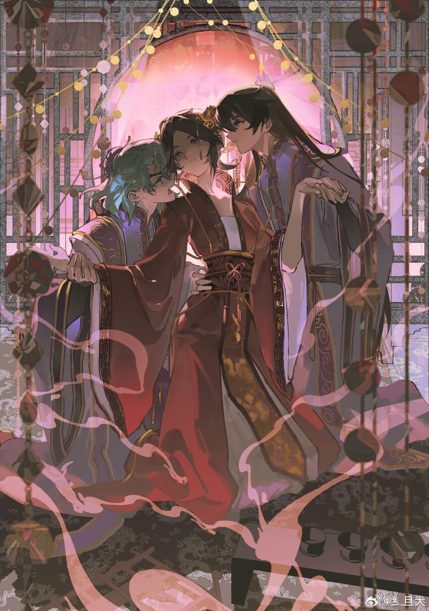 1girl 2boys absurdres annoyed aqua_hair bird_hair_ornament black_hair black_sailor_collar boy_sandwich check_copyright chinese_commentary collarbone commentary_request copyright_request dress eyelashes flower_knot full_body grey_eyes hair_ornament hairpin hand_on_hand hetero highres holding_hands indoors jealous kneeling lattice long_dress long_hair long_sleeves medium_hair multiple_boys open_mouth orange_sky original parted_lips polyamory purple_hanfu red_ribbon red_robe ribbon robe sailor_collar sandwiched seika_(osbuzr) short_hair sky smoke straight_hair sunset teeth thick_eyebrows v-shaped_eyebrows very_long_hair waist_ribbon watermark weibo_watermark white_dress wide_sleeves