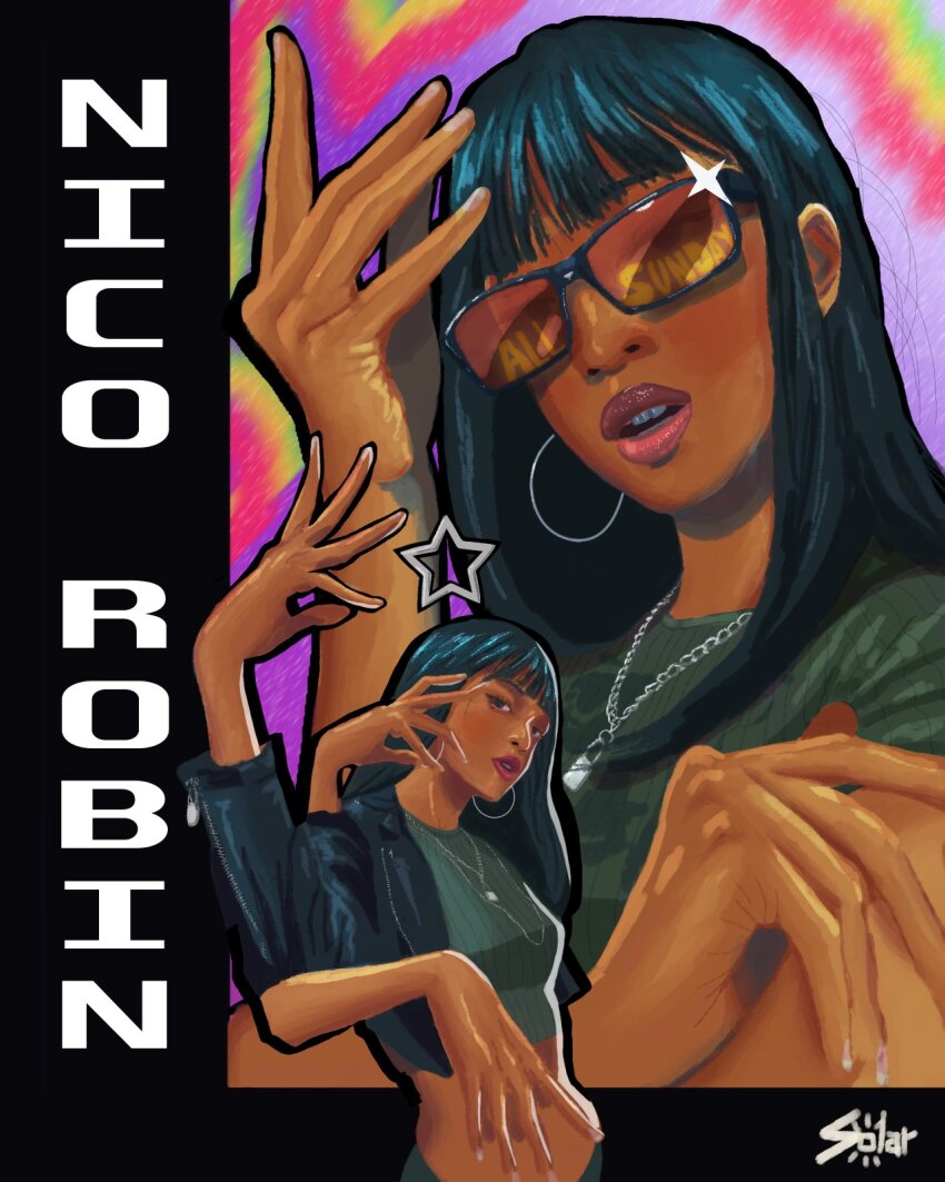 1girl bad_id bad_twitter_id black_hair blunt_bangs character_name earrings extra_arms hana_hana_no_mi highres hoop_earrings jewelry long_hair looking_at_viewer multiple_views nico_robin one_piece parted_lips paulorsolar signature solo sparkle sunglasses