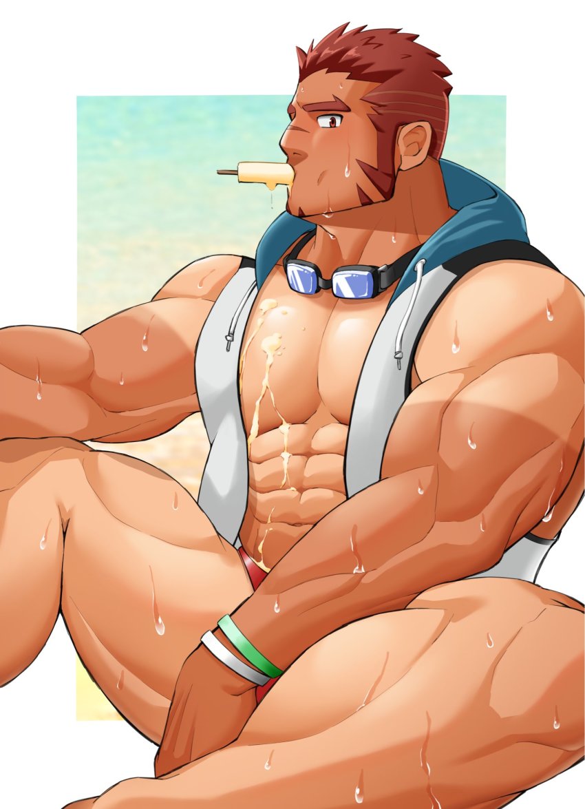 1boy abs akashi_(live_a_hero) akashi_(water_bullet)_(live_a_hero) bara bare_pectorals facial_hair food food_in_mouth food_on_body food_on_pectorals goggles goggles_around_neck highres hood hood_down hooded_jacket jacket kansuke_(kansuke_717) large_pectorals live_a_hero long_sideburns looking_at_viewer male_focus male_swimwear melting muscular muscular_male official_alternate_costume open_clothes open_jacket pectorals popsicle red_eyes red_hair red_male_swimwear scar scar_on_face scar_on_nose short_hair sideburns sleeveless sleeveless_jacket solo swim_briefs thick_thighs thighs wet wet_face white_jacket