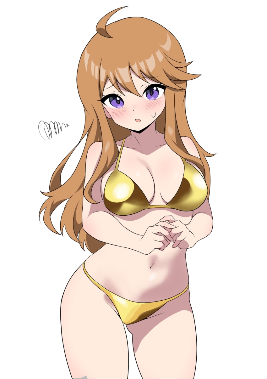 1girl bikini gold_bikini highres idolmaster idolmaster_million_live! long_hair looking_at_viewer navel solo stomach swimsuit thighs tokoro_megumi white_background zaza_(zahaoming)