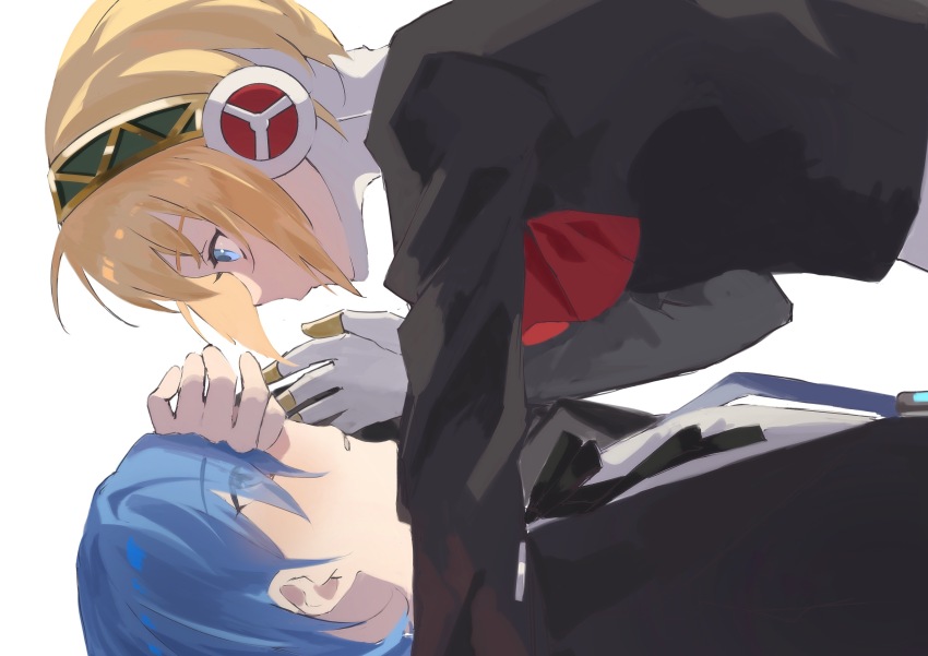 1boy 1girl absurdres aigis_(persona) android ascot black_jacket blonde_hair blue_eyes blue_hair commentary_request eye_contact eyes_visible_through_hair gekkoukan_high_school_uniform girl_on_top gy0523shiver hair_over_one_eye hand_on_own_forehead highres jacket joints long_sleeves looking_at_another neck_ribbon parted_lips persona persona_3 red_ascot ribbon robot_joints school_uniform shirt short_hair simple_background upper_body white_background white_shirt yuuki_makoto_(persona_3)