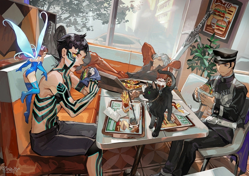 1girl 3boys arms_behind_head booth_seating boots brown_eyes burger car cat coat commentary dante_(devil_may_cry) demi-fiend demon_(megami_tensei) devil_may_cry_(series) devil_summoner_(series) drinking_straw dutch_angle fairy_wings food french_fries full-body_tattoo gakuran glass green_eyes grey_eyes hat holding holding_burger holding_food katana kuzunoha_raidou looking_at_another motor_vehicle multiple_boys peaked_cap pixie_(megami_tensei) pizza rebellion_(sword) red_coat school_uniform shako_cap shin_megami_tensei shin_megami_tensei_iii:_nocturne short_hair shorts sideburns sword tattoo tile_floor tiles topless_male toujou_bun twitter_username watermark weapon white_hair window wings yellow_eyes