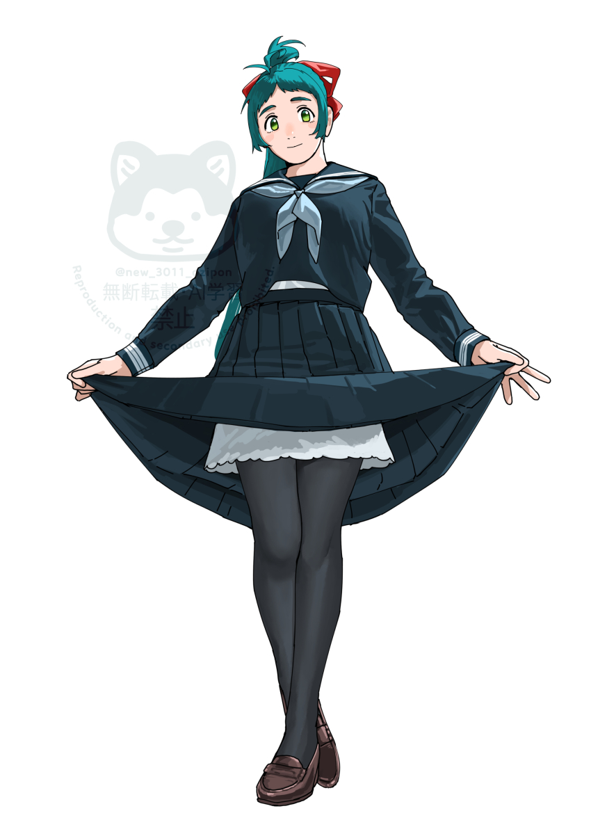 1girl absurdres artist_logo black_pantyhose black_sailor_collar black_serafuku black_shirt black_skirt bow breasts crossed_legs full_body green_eyes green_hair hair_bow hair_ornament hair_ribbon highres irako_(kancolle) kantai_collection large_breasts logo long_hair looking_at_viewer neckerchief ojipon pantyhose pleated_skirt ponytail ribbon sailor_collar school_uniform serafuku shirt skirt smile solo watermark white_background white_neckerchief white_sailor_collar