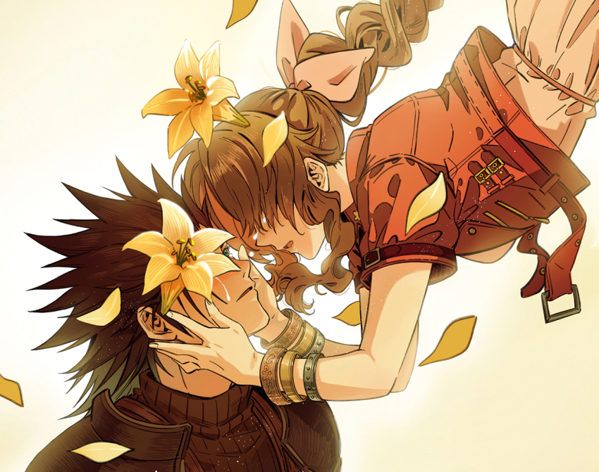 1boy 1girl aerith_gainsborough armor bangle black_hair blue_eyes bracelet braid braided_ponytail brown_hair commentary_request couple dress falling_petals final_fantasy final_fantasy_vii final_fantasy_vii_ever_crisis final_fantasy_vii_rebirth final_fantasy_vii_remake floating flower from_side gradient_background hair_ribbon hands_on_another&#039;s_cheeks hands_on_another&#039;s_face huosheanng jacket jewelry long_hair looking_at_another looking_up parted_bangs parted_lips petals pink_dress pink_ribbon portrait red_jacket ribbed_sweater ribbon shoulder_armor sleeveless sleeveless_turtleneck spiked_hair sweater tears turtleneck turtleneck_sweater yellow_flower yellow_petals zack_fair
