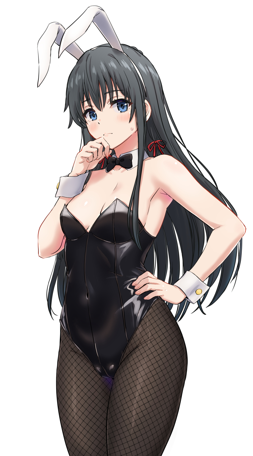 1girl absurdres alternate_costume animal_ear_hairband animal_ears armpit_peek bare_shoulders black_bow black_bowtie black_hair black_leotard black_pantyhose blue_eyes blush bow bowtie breasts cameltoe closed_mouth collar collarbone commentary_request covered_navel detached_collar fake_animal_ears fishnet_pantyhose fishnets groin hair_ribbon hairband hand_on_own_hip hand_to_own_mouth hand_up highleg highleg_leotard highres inanaki_shiki leotard long_hair looking_at_viewer pantyhose playboy_bunny rabbit_ear_hairband rabbit_ears red_ribbon ribbon simple_background small_breasts solo strapless strapless_leotard tail thighs white_background white_collar wrist_cuffs yahari_ore_no_seishun_lovecome_wa_machigatteiru. yukinoshita_yukino