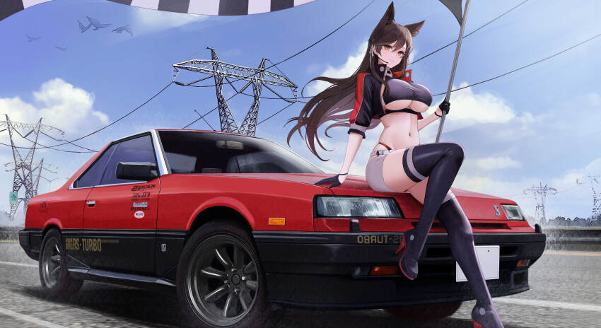 1girl absurdres alternate_costume animal_ears arm_support atago_(azur_lane) azur_lane black_footwear black_gloves black_jacket black_thighhighs blue_sky breasts brown_eyes brown_hair car closed_mouth cloud cloudy_sky commentary_request commission cosplay cropped_jacket day dog_ears extra_ears flag full_body gloves high_heels highres holding holding_flag jacket kcar66t large_breasts looking_ahead looking_at_viewer miniskirt mole mole_under_eye motor_vehicle navel nissan_skyline nissan_skyline_r30 open_clothes open_jacket pixiv_commission prinz_eugen_(azur_lane) prinz_eugen_(azur_lane)_(cosplay) prinz_eugen_(final_lap)_(azur_lane) race_queen race_vehicle road skirt sky smile solo stomach thighhighs thighs underboob unused_tire white_skirt