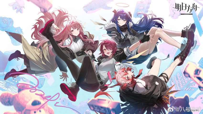 4girls arknights arm_up bahao_diqiu belt black_belt black_footwear black_gloves black_skirt blue_hair boots closed_mouth cross-laced_footwear exusiai_(arknights) fiammetta_(arknights) fingerless_gloves full_body gloves hair_over_one_eye halo highres jacket lemuen_(arknights) long_hair long_sleeves looking_at_viewer mostima_(arknights) multiple_girls official_art open_clothes open_jacket open_mouth pink_hair red_eyes red_hair shirt shoe_soles short_hair siblings sisters skirt smile white_shirt