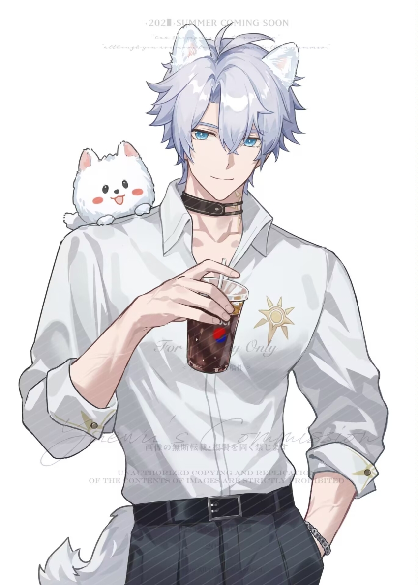1boy animal_ears antenna_hair belt black_belt black_choker blue_eyes bracelet chinese_commentary choker collared_shirt commentary_request cowboy_shot cup dog_boy dog_ears dog_tail hand_in_pocket highres holding holding_cup honkai:_star_rail honkai_(series) jewelry looking_at_viewer male_focus phainon_(honkai:_star_rail) shirt short_hair sleeves_rolled_up solo sun_symbol sun_tattoo tail tan watermark white_hair white_shirt yexiuyexiuyexiu