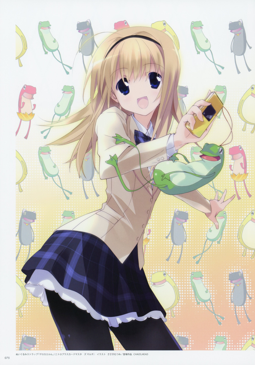1girl absurdres ahoge black_pantyhose blazer blonde_hair bow bowtie cellphone chaos;head charm_(object) collared_shirt copyright_name ears_visible_through_hair flip_phone frog from_side gero-froggy hairband highres holding holding_phone jacket long_hair long_sleeves looking_at_viewer necktie nishijou_nanami official_art open_mouth pantyhose phone plaid_bow plaid_bowtie plaid_clothes plaid_necktie plaid_skirt pleated_skirt sasaki_mutsumi school_uniform shirt skirt smile solo suimei_school_uniform tongue white_petticoat white_undershirt