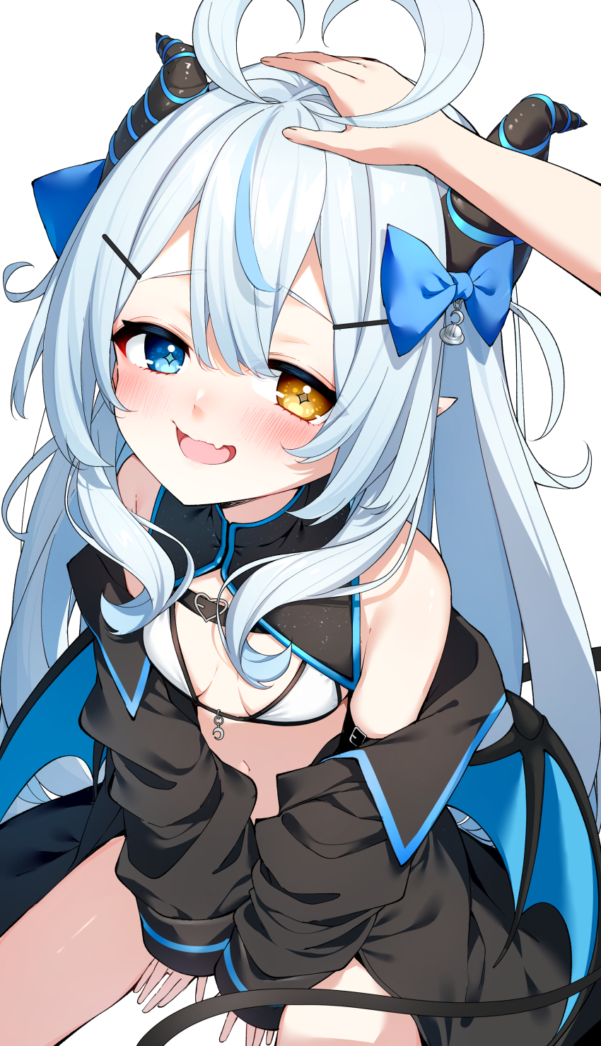 1girl absurdres akugaki_koa antenna_hair between_legs bikini black_jacket blue_bow blue_eyes blue_wings blush bow commission darjeeling_(reley) demon_girl demon_horns demon_tail demon_wings hair_bow hair_ornament hairclip hand_between_legs heterochromia highres horns idol_corp jacket long_hair looking_at_viewer navel off_shoulder open_clothes open_jacket open_mouth sitting skeb_commission solo swimsuit tail very_long_hair virtual_youtuber wings yellow_eyes