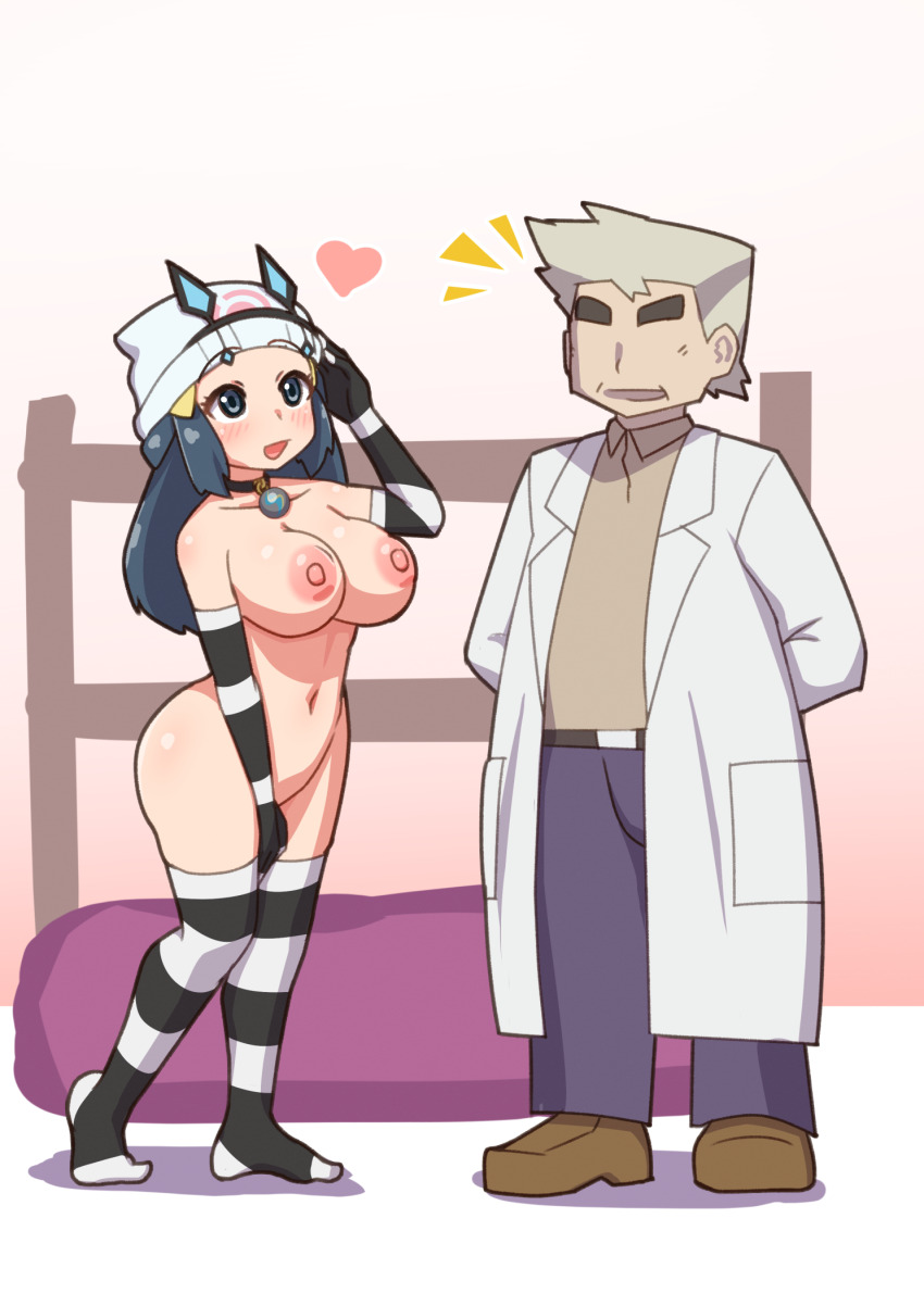 1boy 1girl arm_up arms_behind_back beanie black_choker black_gloves black_thighhighs blue_hair blush breasts brown_shoes choker coat collarbone dawn_(pokemon) elbow_gloves full_body gloves grey_eyes grey_hair hat heart highres kulettula lab_coat large_areolae large_breasts navel nintendo no_shoes nude open_mouth paid_reward_available pants pokemon pokemon_dppt pokemon_lgpe professor_oak puffy_nipples purple_pants shoes standing striped_clothes striped_thighhighs thick_eyebrows thighhighs white_coat white_gloves white_hat white_thighhighs