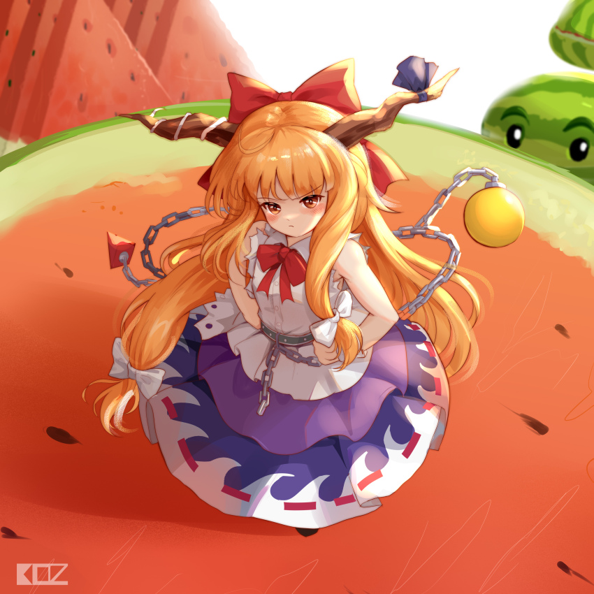 1girl absurdres bow bowtie commentary cuffs edz_drawz food fruit hair_bow highres horn_ornament horn_ribbon horns ibuki_suika long_hair looking_at_viewer melon-pult_(plants_vs._zombies) orange_eyes orange_hair plants_vs._zombies purple_ribbon red_bow red_bowtie ribbon ribbon-trimmed_skirt ribbon_trim shackles shirt signature touhou very_long_hair watermelon white_shirt
