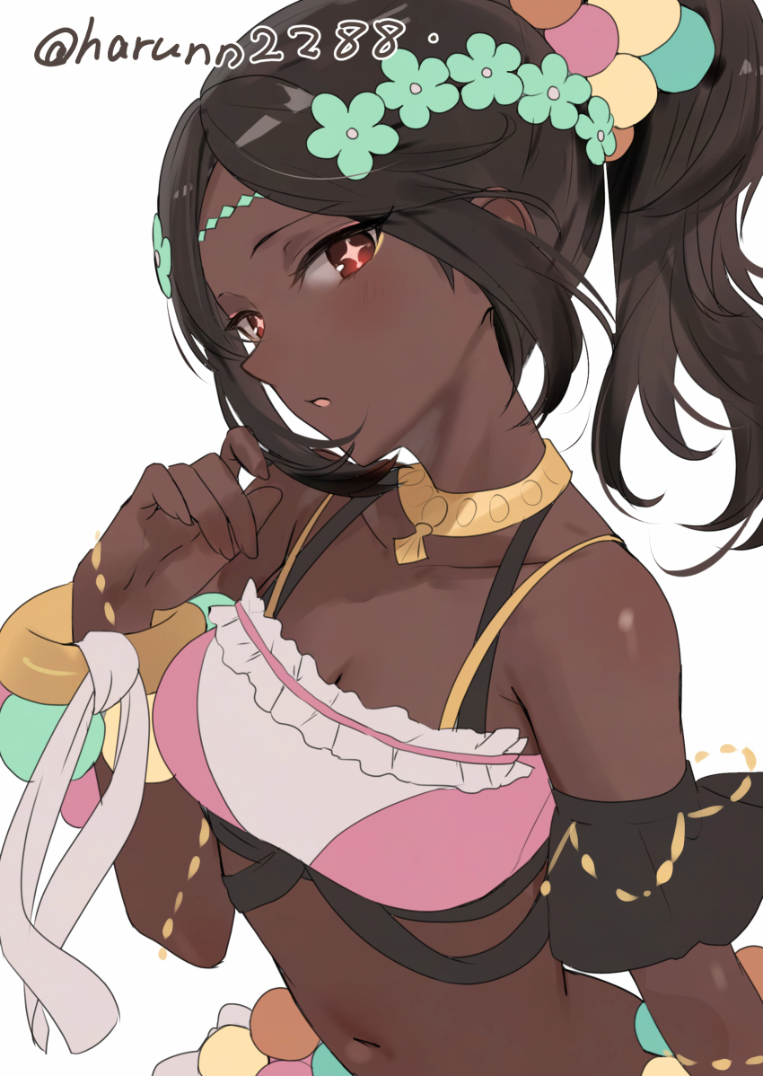 1girl absurdres bare_shoulders bracelet breasts brown_hair candy_hair_ornament cleavage crop_top dark-skinned_female dark_skin fire_emblem fire_emblem_engage food-themed_hair_ornament hair_ornament haru_(nakajou-28) highres jewelry long_hair looking_at_viewer medium_breasts midriff navel nintendo open_mouth pearl_bracelet pearl_hair_ornament ponytail red_eyes skirt solo star-shaped_pupils star_(symbol) symbol-shaped_pupils timerra_(fire_emblem) upper_body very_dark_skin