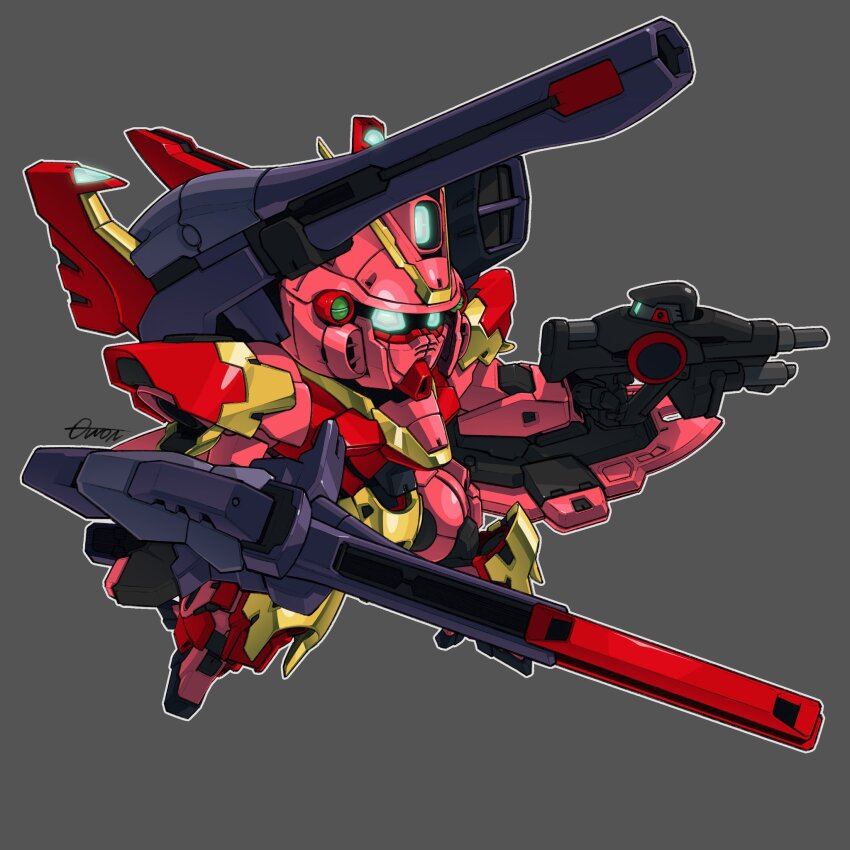 aqua_eyes beam_cannon beam_rifle chibi commentary energy_gun english_commentary full_body fusion glowing glowing_eyes gottrlatan grey_background gun gundam highres holding holding_cannon holding_gun holding_weapon mecha mobile_suit no_humans robot science_fiction shield signature solo toilobo v-fin v2_assault-buster_gundam v2_gundam victory_gundam weapon