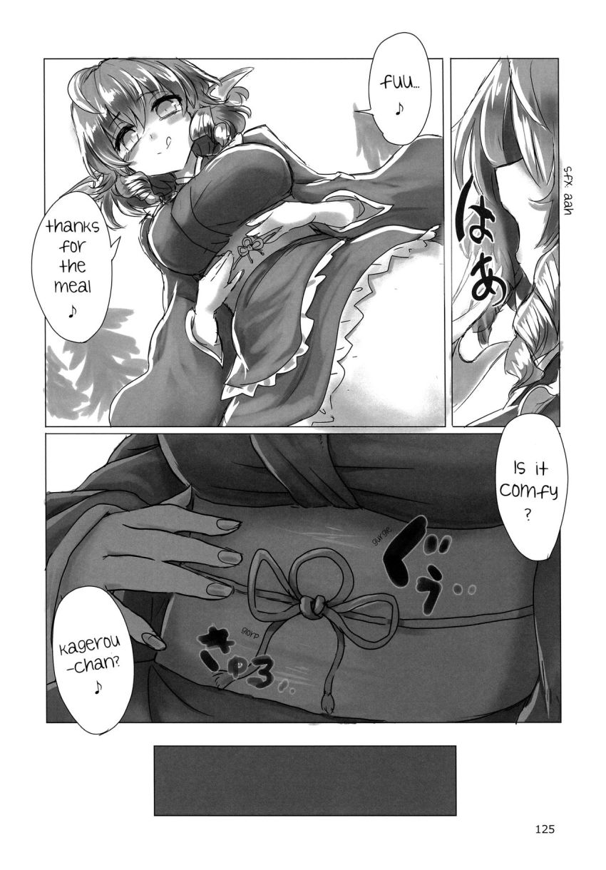 2girls animal_ears dialogue_box drill_hair finger_to_mouth fingernails fox_ears fox_girl fox_tail giant giantess greyscale griddle highres imaizumi_kagerou mermaid monochrome monster_girl multiple_girls musical_note smile tail touhou utopia_(utopiavl) vore wakasagihime