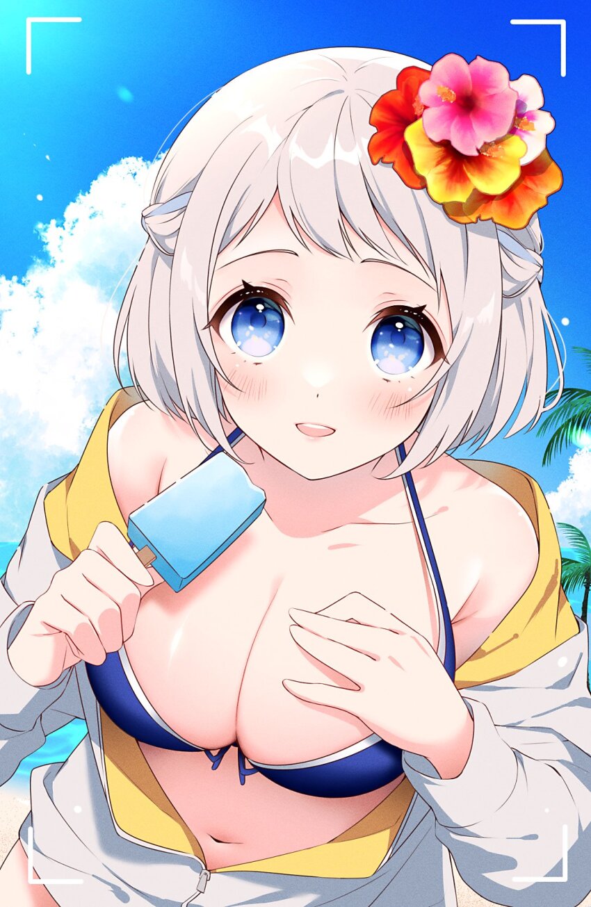 1girl bikini blue_bikini blue_eyes blue_ribbon blue_sky blush braid breasts cleavage collarbone commentary flower food gakuen_idolmaster grey_hair grey_jacket hair_flower hair_ornament half_up_braid haruhitooo hashtag-only_commentary highres holding holding_food holding_popsicle idolmaster jacket katsuragi_lilja kimi_to_semi_blue_(idolmaster) large_breasts light_particles long_sleeves looking_at_viewer navel official_alternate_costume open_mouth palm_tree partially_unzipped popsicle ribbon ribbon_braid short_hair sky smile solo stomach swimsuit tree upper_body viewfinder