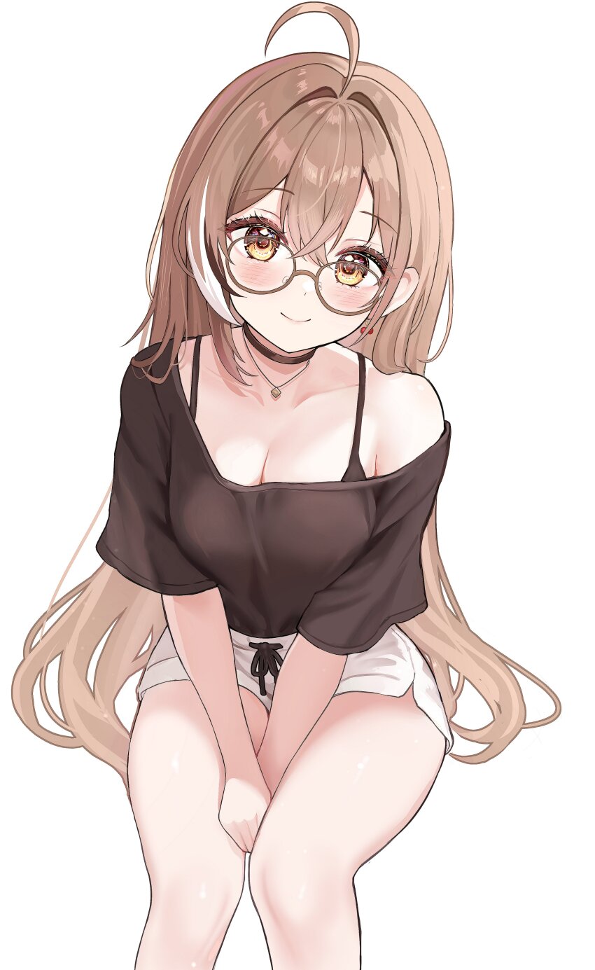 1girl absurdres ahoge alternate_costume between_thighs bibixart black_choker black_hair blush bra_strap breasts brown_eyes brown_hair brown_shirt cherry_earrings choker cleavage closed_mouth commentary crossed_bangs earrings feet_out_of_frame food-themed_earrings food_themed_earrings glasses hair_between_eyes hair_intakes highres hololive hololive_english invisible_chair jewelry large_breasts long_hair looking_at_viewer micro_shorts multicolored_hair nanashi_mumei necklace off-shoulder_shirt off_shoulder shirt shorts simple_background sitting smile solo streaked_hair symbol-only_commentary v_arms very_long_hair virtual_youtuber white_background white_hair white_shorts