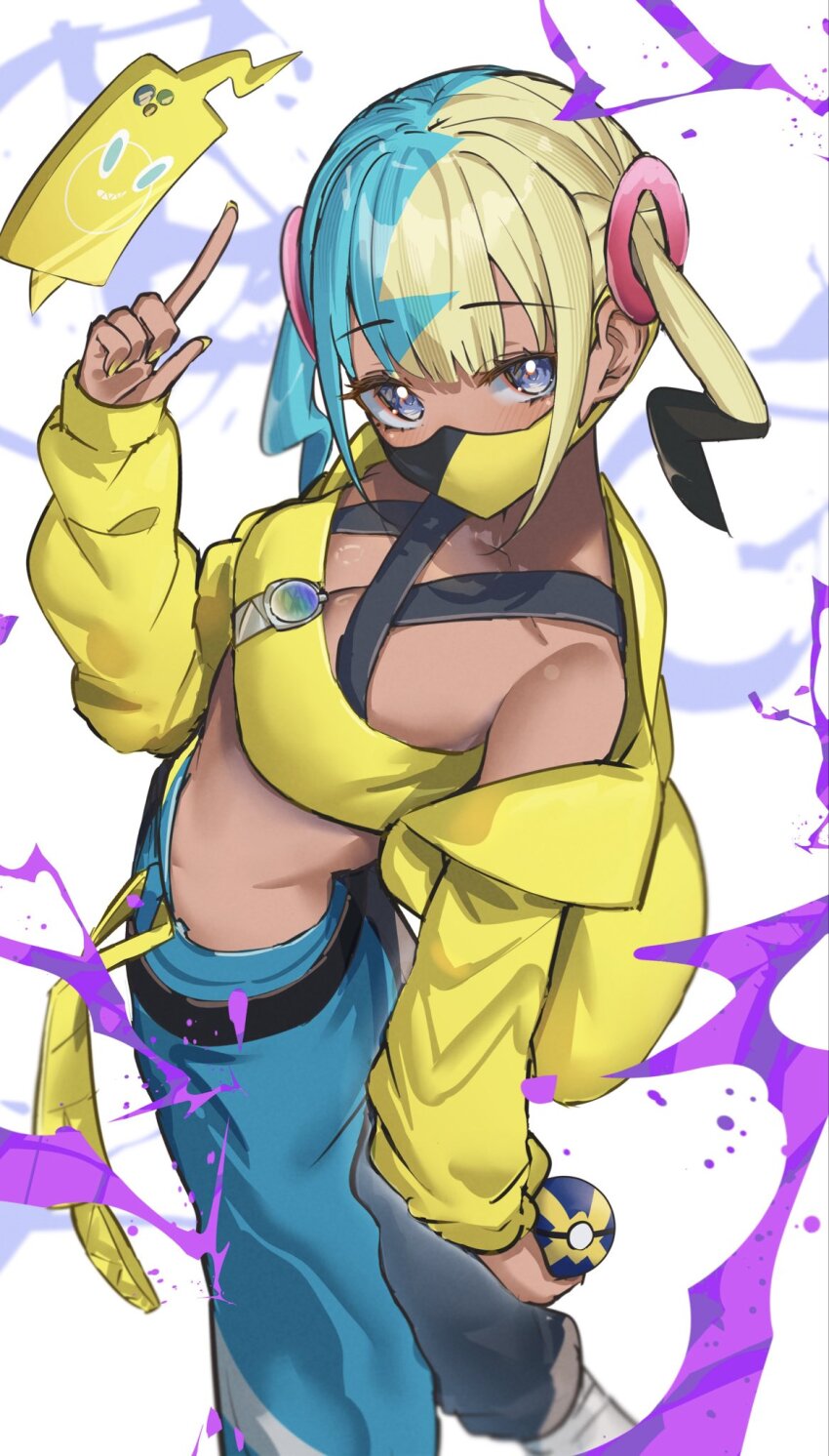 1girl bare_shoulders black_mask blonde_hair blue_eyes blue_hair blush breasts canari_(pokemon) cleavage commentary criss-cross_straps crop_top dark-skinned_female dark_skin highres holding holding_poke_ball jacket long_sleeves looking_at_viewer mask medium_breasts midriff mouth_mask multicolored_hair nail_polish nintendo off_shoulder open_clothes open_jacket pants poke_ball pokemon pokemon_legends:_z-a quick_ball ringozeri rotom rotom_phone solo split-color_hair symbol-only_commentary twintails two-tone_mask yellow_jacket yellow_mask