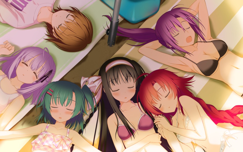 6+girls ahoge armpits arms_behind_back arms_behind_head bikini black_bikini black_hair black_ribbon braid breasts brown_hair casual_one-piece_swimsuit cleavage eyebrows closed_eyes game_cg green_hair hair_ornament hair_ribbon highres ichinose_ayumu irotoridori_no_sekai kisaragi_mio_(irotoridori_no_sekai) long_hair medium_breasts minami_kana_(irotoridori_no_sekai) multiple_girls natsume_suzu one-piece_swimsuit open_mouth outdoors ponytail purple_bikini purple_hair red_hair ribbon shida_kazuhiro shikishima_kyou side-tie_bikini_bottom sideboob sleeping small_breasts swimsuit toumine_tsukasa underboob white_bikini white_one-piece_swimsuit
