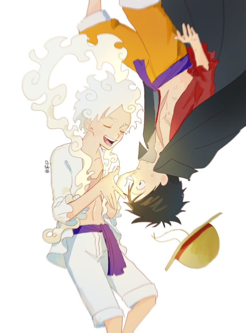 1boy black_coat black_hair coat coat_on_shoulders commentary_request feichangkou gear_fifth hagoromo hat highres monkey_d._luffy one_piece open_clothes open_shirt orange_shorts purple_sash red_shirt sash scar scar_on_chest scar_on_face shawl shirt shorts simple_background straw_hat upside-down white_background white_hair white_shirt white_shorts