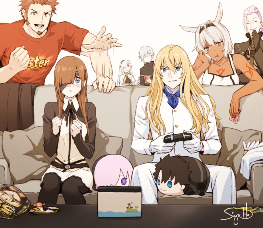 4girls 5boys anastasia_(fate) animal_ears blonde_hair blush brown_hair buster_shirt caenis_(fate) candy character_doll couch dark-skinned_female dark_skin eyepatch facial_hair fate/grand_order fate_(series) food fujimaru_ritsuka_(male) gloves goatee kadoc_zemlupus kirschtaria_wodime lollipop long_hair long_sideburns mash_kyrielight multiple_boys multiple_girls napoleon_bonaparte_(fate) nintendo_switch ophelia_phamrsolone pantyhose pink_hair playing_games scandinavia_peperoncino sideburns signature siya_ho viy_(fate) white_background white_gloves white_hair