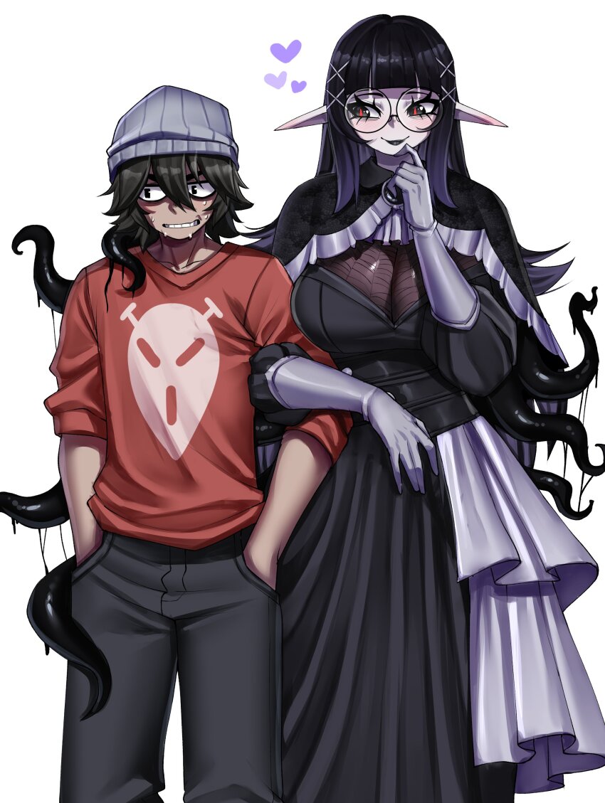 1boy 1girl absurdres beanie black_eyes black_hair black_lips blush breasts cleavage cropped_legs gloves goth_fashion hair_ornament hat heart highres huge_breasts lady_belladonna_(rageman709) locked_arms long_eyelashes long_hair long_pointy_ears long_sleeves looking_at_another nervous_sweating original pale_skin pointy_ears rageman709 red_eyes red_shirt shirt slime_(substance) slit_pupils spider_web_print sweat t-shirt tentacles white_background white_gloves