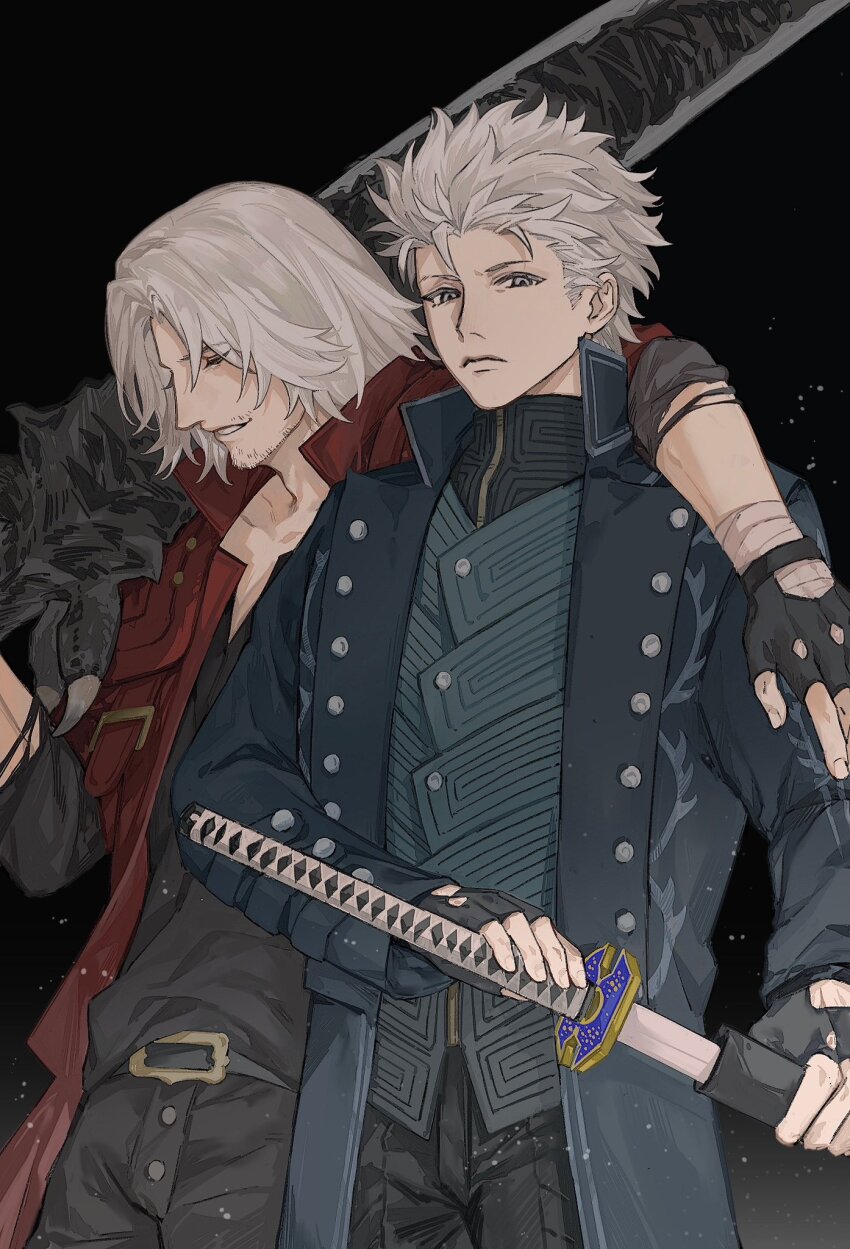 2boys arm_around_neck azakchuan belt black_background black_belt black_coat black_gloves black_pants black_shirt blue_vest brothers buttons closed_eyes closed_mouth coat cowboy_shot dante_(devil_may_cry) devil_may_cry_(series) devil_may_cry_5 facial_hair fingerless_gloves fingernails gloves grey_eyes grey_hair hand_up highres holding holding_sword holding_weapon jacket katana lapels long_sleeves looking_at_viewer male_focus multiple_boys open_clothes open_coat open_jacket pants rebellion_(sword) red_jacket shirt short_hair siblings simple_background smile standing sword t-shirt teeth twins vergil_(devil_may_cry) vest weapon yamato_(sword)