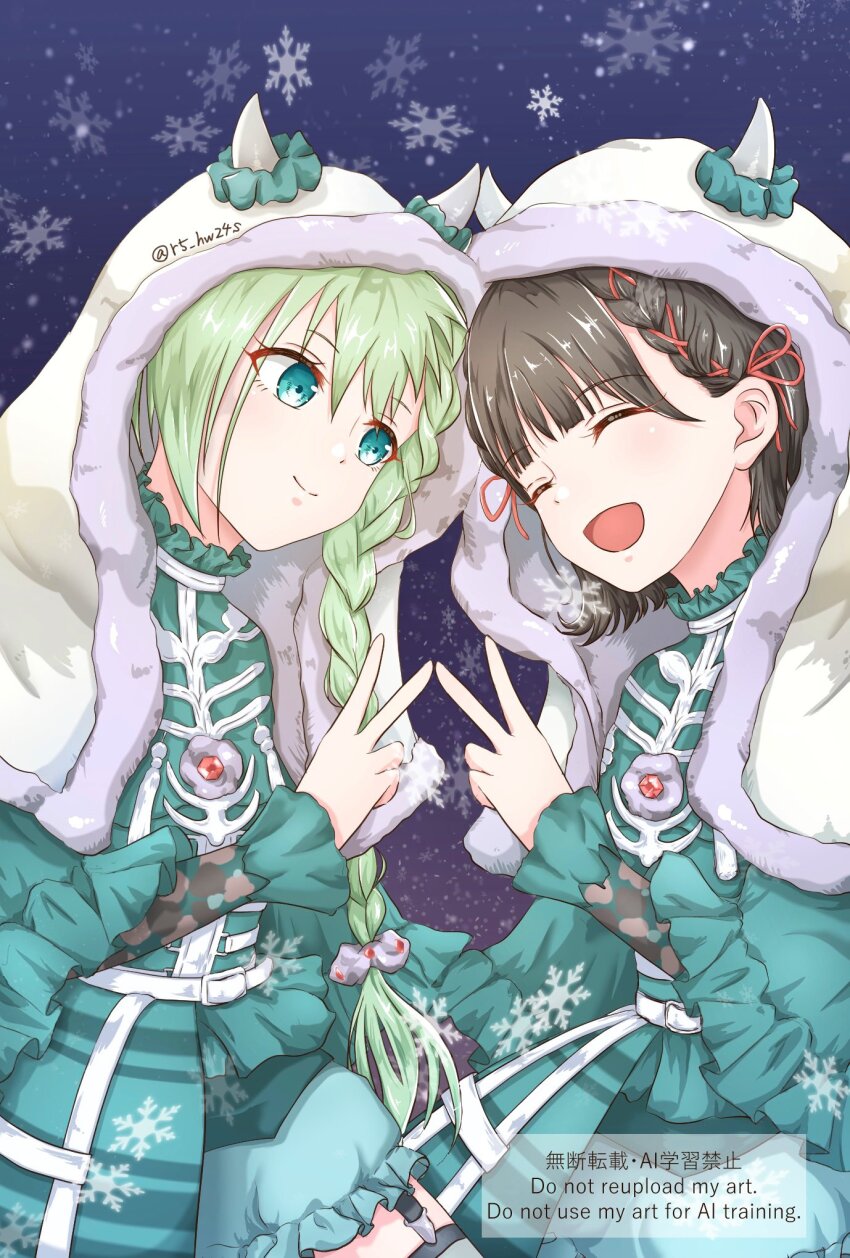 2girls black_hair blush braid closed_mouth cosplay dress green_eyes green_hair hair_ornament highres hood hood_up horned_hood horns long_hair long_sleeves macross macross_delta multiple_girls official_alternate_costume open_mouth pointy_ears reina_prowler ringo_(r5_hw24s) short_hair single_braid smile touyama_nao walkure_(macross_delta)