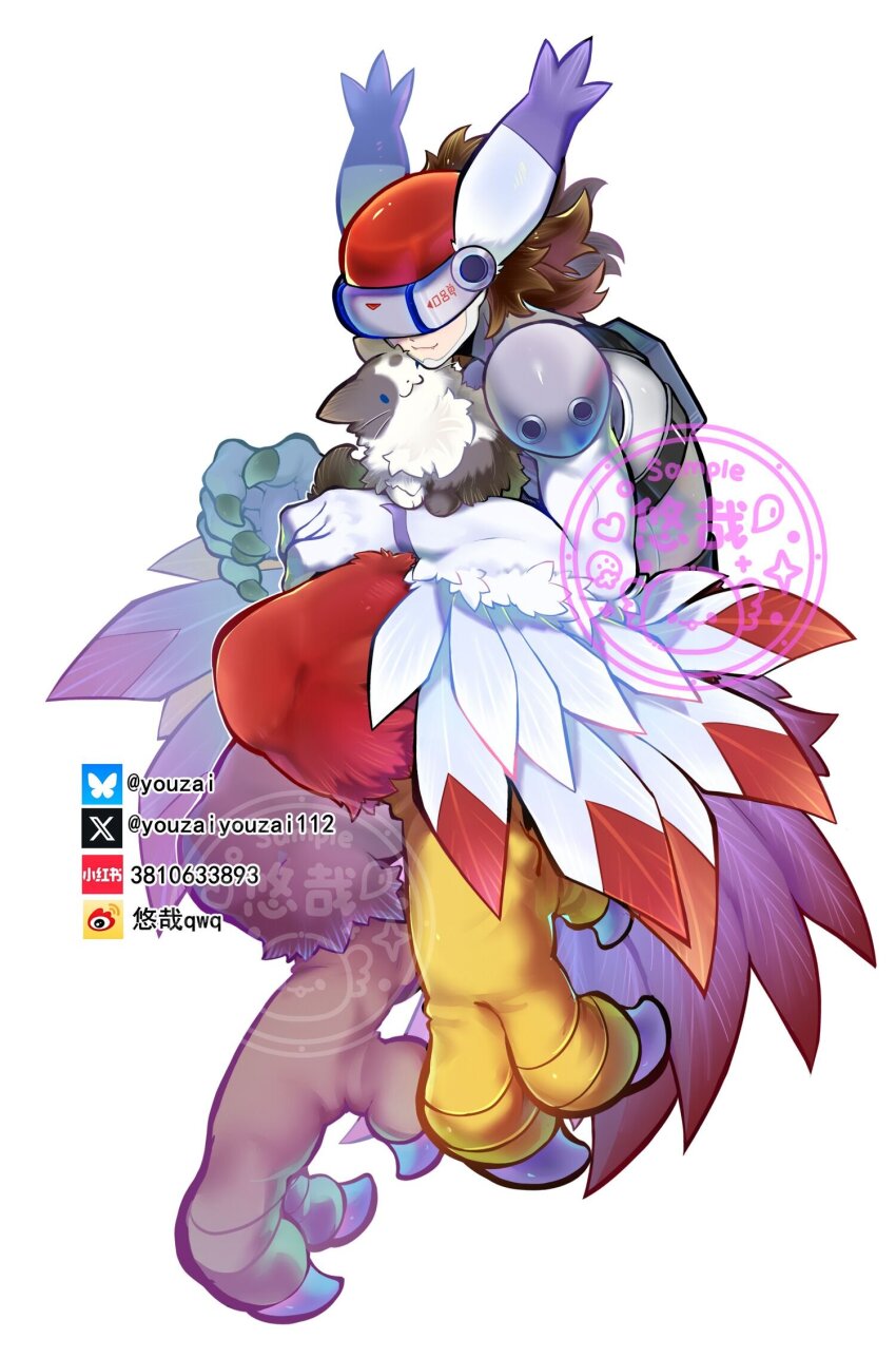1boy animal_ears armor belt bird_legs bird_tail bluesky_username bodysuit brown_hair cat cat_ears chest_guard claws commentary commission covered_eyes digimon digimon_(creature) fangs fangs_out feathered_wings head-mounted_display highres male_focus medium_hair oversized_limbs sample_watermark shoulder_pads silphymon simple_background smile tail talons twitter_username watermark weibo_username white_background white_bodysuit winged_arms wings xiaohongshu_id youzaiyouzai112