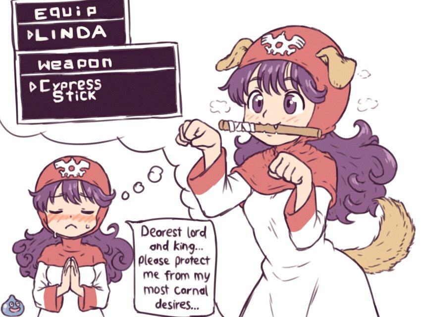 1girl :&lt; animal_ears beachepisode closed_eyes closed_mouth dog_ears dog_girl dog_tail dragon_quest dragon_quest_ii english_text fangs highres kemonomimi_mode long_hair long_sleeves princess_of_moonbrook purple_eyes purple_hair slime_(dragon_quest) solo speech_bubble sweat tail thought_bubble