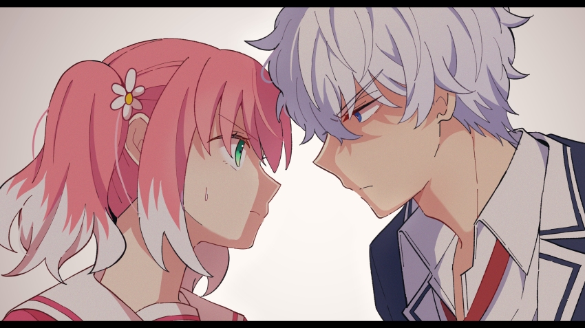 1boy 1girl absurdres black_border blazer blue_eyes blue_jacket border collared_shirt eye_contact flower green_eyes grey_background hair_flower hair_ornament highres hiiragi_nana jacket letterboxed long_hair looking_at_another multicolored_hair munou_na_nana onodera_kyouya pink_hair portrait sailor_collar shirt short_hair sweatdrop twintails two-tone_hair white_flower white_hair white_sailor_collar white_shirt wing_collar yukisa
