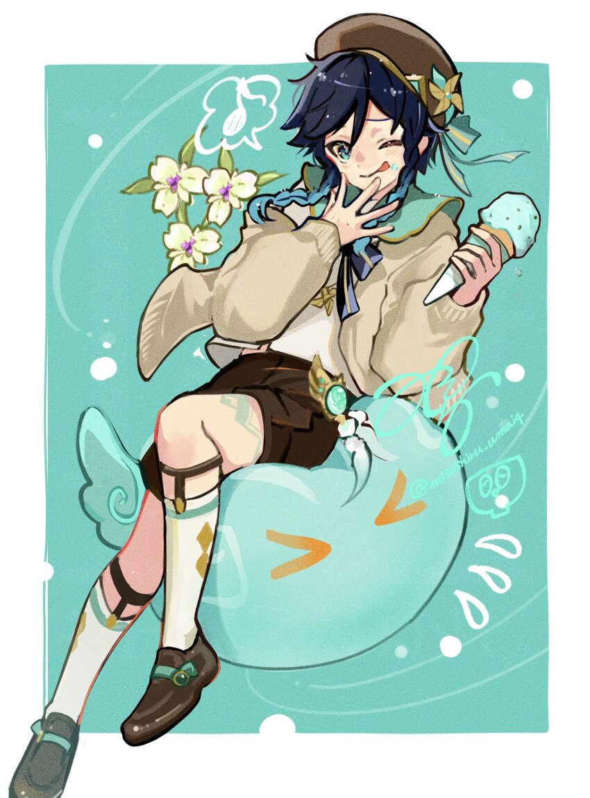 &gt;_&lt; 1boy ;q anemo_slime_(genshin_impact) aqua_background aqua_eyes aqua_hair aqua_ribbon artist_name beret black_bow black_bowtie black_hair border bow bowtie braid brown_cardigan brown_hat brown_shoes brown_shorts cardigan closed_mouth commentary_request feathers flower flying_sweatdrops food food_on_face genshin_impact gradient_hair hair_between_eyes hands_up hat hat_ornament hat_ribbon highres holding holding_food holding_ice_cream holding_ice_cream_cone ice_cream ice_cream_cone leg_tattoo licking_lips loafers long_sleeves looking_at_viewer male_focus medium_hair misoshiru_umai4 multicolored_hair musical_note one_eye_closed open_cardigan open_clothes outside_border parted_bangs pinwheel pom_pom_(clothes) puffy_long_sleeves puffy_sleeves ribbon shirt shoes short_shorts shorts side_braids simple_background slime_(genshin_impact) smile socks solo speech_bubble spoken_musical_note tattoo tongue tongue_out twin_braids twitter_username venti_(genshin_impact) vision_(genshin_impact) white_border white_flower white_shirt white_socks