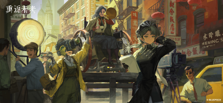 3boys 3d_glasses 4girls :d :| an-an_lee arm_behind_head arm_up bag beret black_dress black_gloves black_hair black_hat black_neckerchief black_pantyhose black_shoes blonde_hair blue_shirt brown_bag brown_coat brown_eyes building cape chin_strap city cityscape clenched_hands closed_mouth clothes_writing coat coat_on_shoulders collared_shirt copyright_name copyright_notice cowboy_shot cup day director dress eyewear_on_head fire_escape floating_hair floodlights full_body gloves green_jacket green_overalls green_shirt grey_skirt grey_tongue hair_between_eyes hands_up hat highres holding holding_bag holding_cup holding_megaphone holding_paper jacket lantern liang_yue_(reverse:1999) loggerhead_(reverse:1999) logo long_hair long_skirt looking_ahead low_twintails medium_hair megaphone movie_camera multiple_boys multiple_girls neckerchief necktie noire_(reverse:1999) object_head official_art official_wallpaper open_mouth outdoors overalls pantyhose paper paper_lantern police police_uniform policewoman ponytail puppet red_necktie red_shirt reverse:1999 shirt shoes short_hair side_cape side_ponytail sign sitting skirt smile standing sunglasses taxi teacup twintails vest wheelchair white_cape white_shirt white_vest yellow_coat yellow_eyes