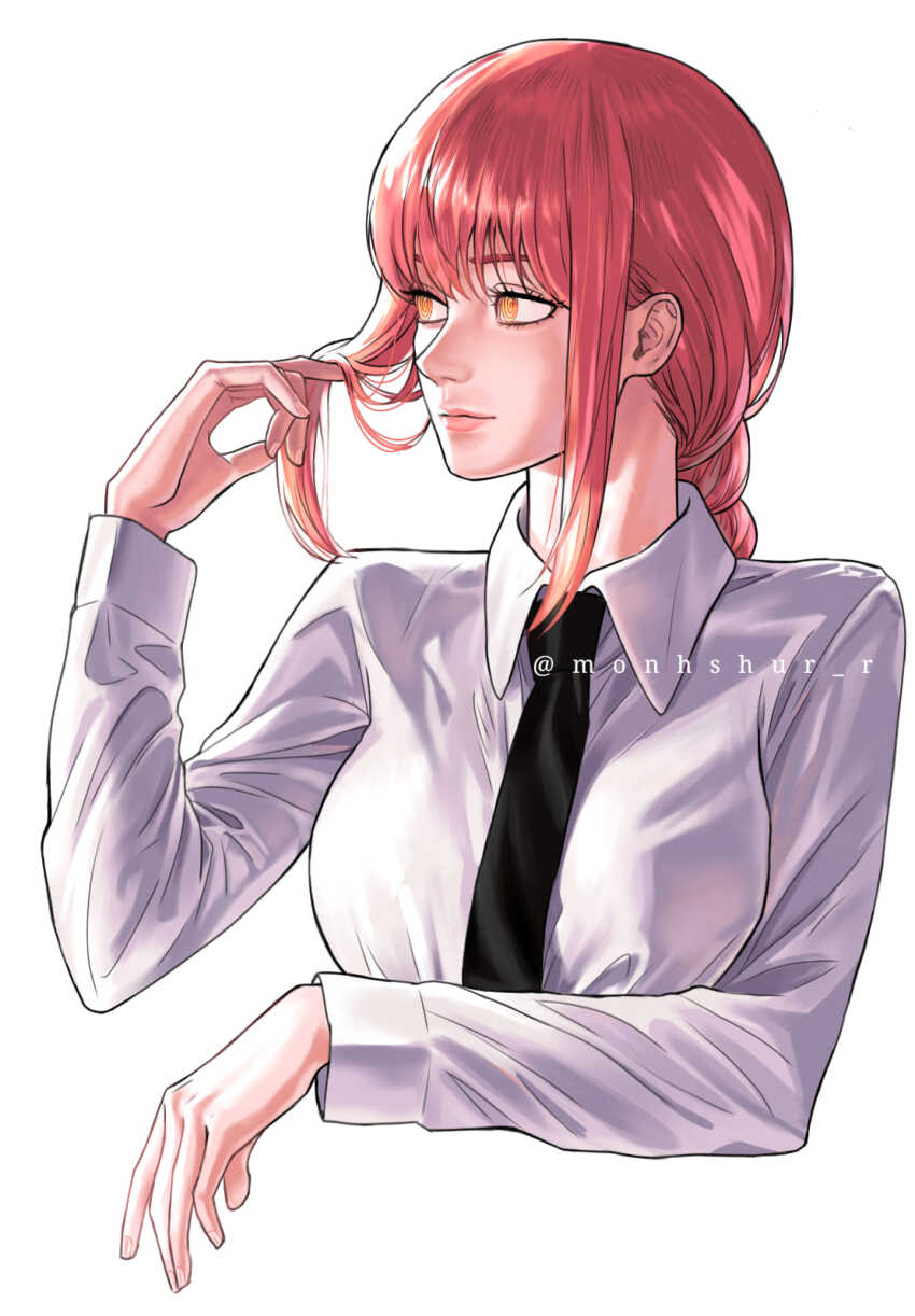 1girl black_necktie braid braided_ponytail breasts chainsaw_man commentary cropped_torso facebook_username hand_in_own_hair highres large_breasts looking_to_the_side makima_(chainsaw_man) monhshur_r necktie orange_eyes red_hair shirt sidelocks single_braid solo upper_body white_shirt