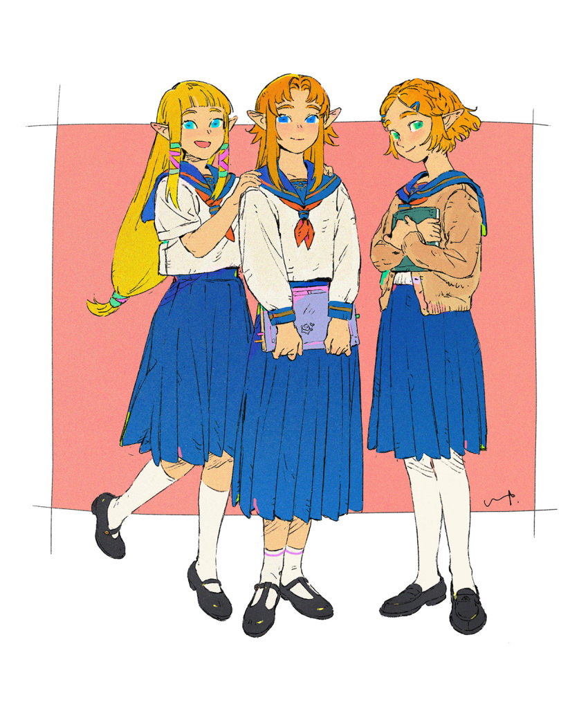 3girls :d alternate_costume black_shoes blonde_hair blue_eyes blue_sailor_collar blue_skirt blunt_bangs book brown_cardigan cardigan closed_mouth commentary contemporary curtained_hair dual_persona full_body green_eyes hair_ornament hairclip hands_on_another&#039;s_shoulders highres holding holding_book kneehighs lip_(lih8) loafers long_hair long_sleeves looking_at_viewer low-tied_long_hair mary_janes medium_skirt multiple_girls neckerchief nintendo open_cardigan open_clothes open_mouth orange_hair parted_bangs pink_background pleated_skirt pointy_ears princess_zelda red_neckerchief sailor_collar school_uniform serafuku shirt shoes short_hair short_sleeves sidelocks signature simple_background skirt smile socks standing standing_on_one_leg the_legend_of_zelda the_legend_of_zelda:_a_link_to_the_past the_legend_of_zelda:_breath_of_the_wild the_legend_of_zelda:_skyward_sword two-tone_background white_background white_shirt white_socks