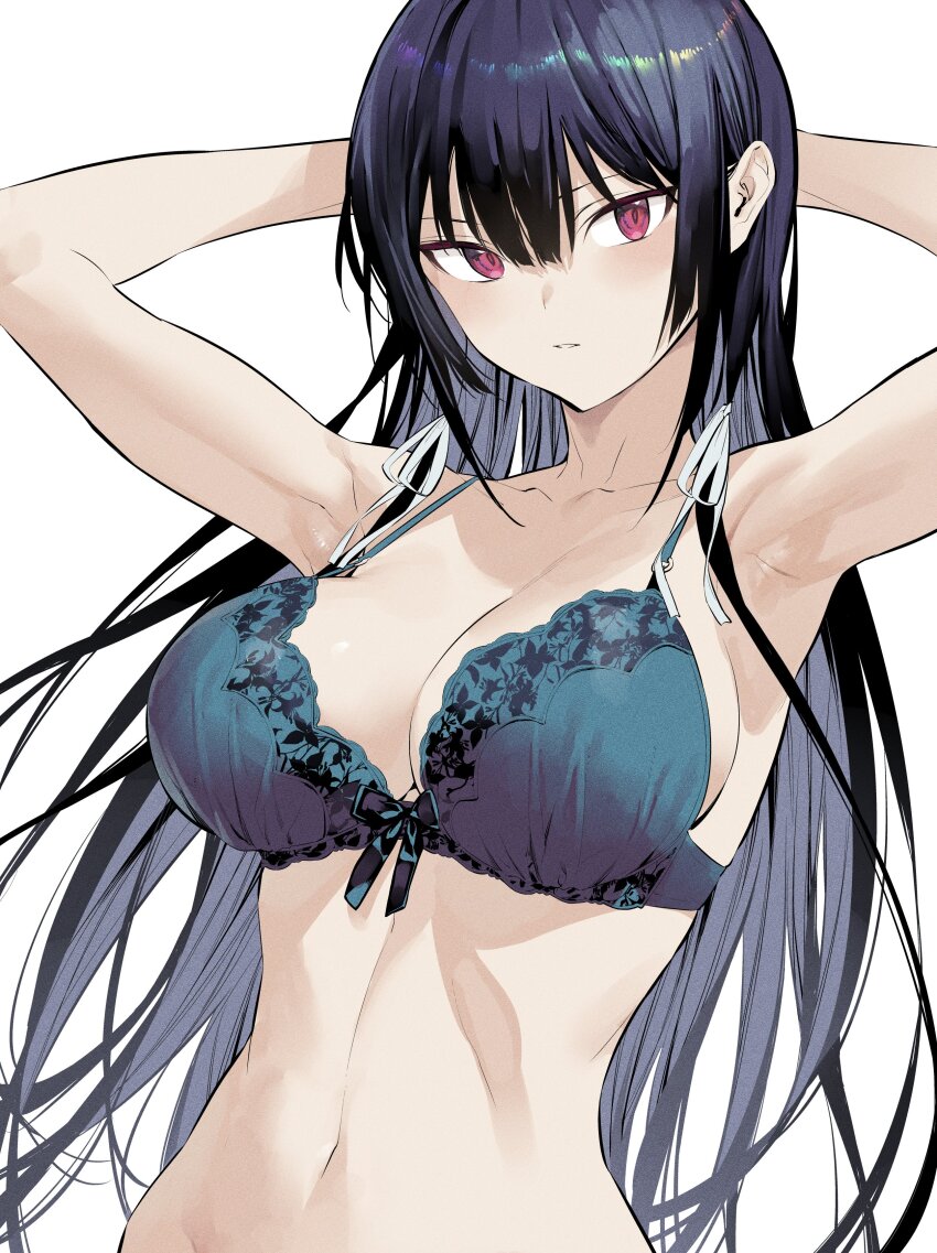 1girl absurdres armpits arms_behind_head arms_up bare_shoulders black_bra black_hair bra breasts cleavage collarbone haite_kudasai_takamine-san highres hiiragi_yuuichi large_breasts long_hair looking_at_viewer navel original purple_eyes solo takamine_takane underwear