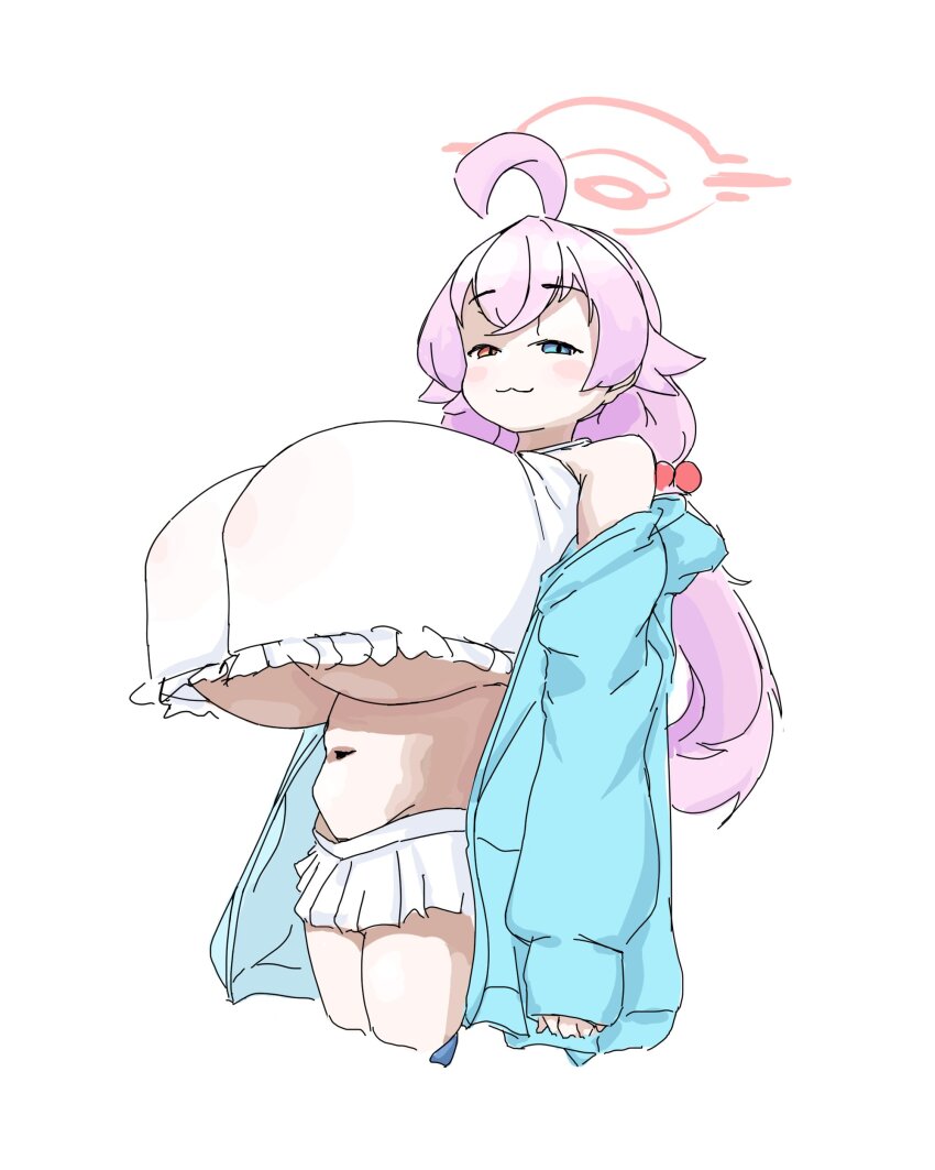 1girl :3 ahoge alternate_breast_size_(larger) bare_shoulders bikini blue_archive blue_eyes blue_jacket blush_stickers breasts covered_erect_nipples frilled_bikini frills gentlyfluid hair_between_eyes hair_bobbles hair_ornament halo heterochromia hood hood_down hooded_jacket hoshino_(blue_archive) hoshino_(swimsuit)_(blue_archive) huge_ahoge huge_breasts jacket long_hair navel off-shoulder_jacket off_shoulder open_clothes open_jacket orange_eyes pink_hair pink_halo raised_eyebrows sleeves_past_wrists smile solo swimsuit thighs twintails underboob white_background white_bikini