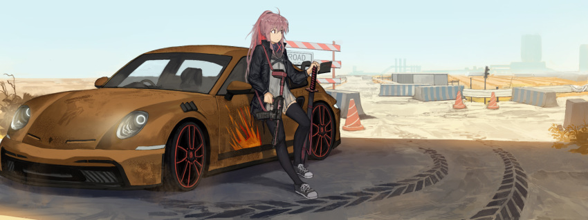 1girl black_thighhighs car city commission danzir day desert gun highres holding holding_weapon horizon jacket long_hair looking_away motor_vehicle original pink_eyes pink_hair ponytail road_sign scenery shoes sign sky solo sports_car standing thighhighs traffic_barrier traffic_cone vehicle_focus weapon