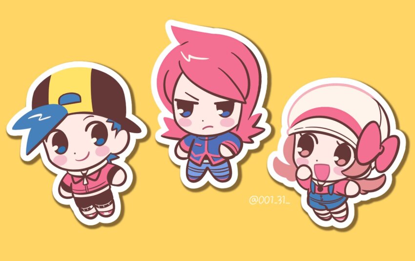 1girl 2boys :d backwards_hat blue_overalls blush_stickers bow brown_hair chibi chueog closed_mouth creatures_(company) ethan_(pokemon) game_freak hat hat_bow jacket long_hair lyra_(pokemon) multiple_boys nintendo open_mouth outline overalls pants pink_hair pokemon pokemon_hgss shirt shoes short_hair silver_(pokemon) smile twintails twitter_username white_hat yellow_background