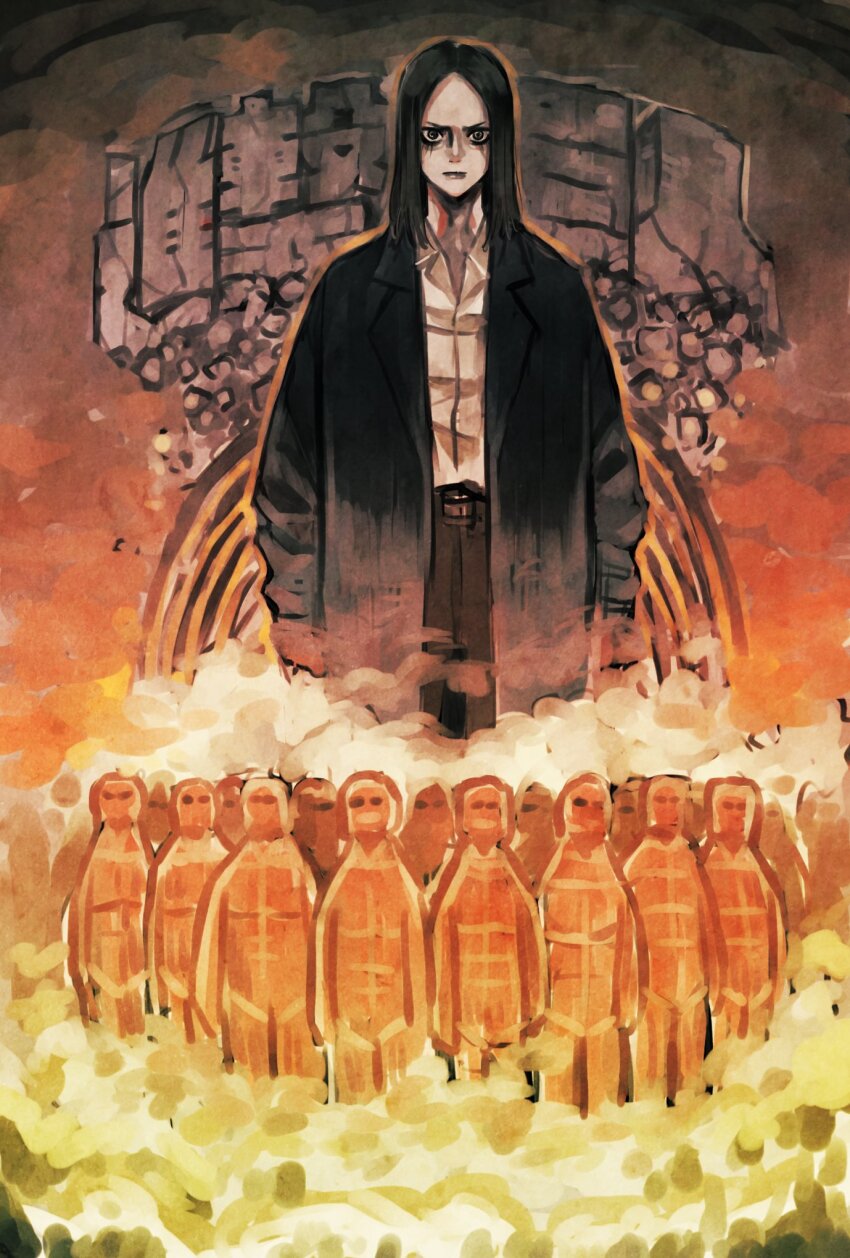 1boy black_coat black_hair closed_mouth coat collared_shirt commentary_request eren_yeager facial_mark fire highres male_focus medium_hair shingeki_no_kyojin shirt smoke takeuchi_ryousuke titan_(shingeki_no_kyojin) white_hair