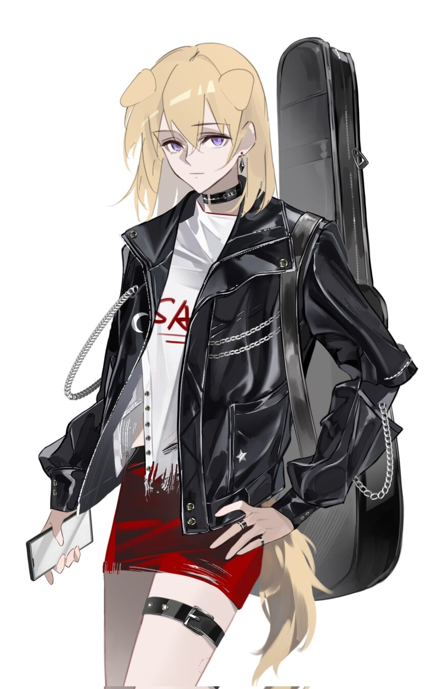 1girl animal_ears bang_dream! bang_dream!_it&#039;s_mygo!!!!! bite_mark bite_mark_on_neck black_choker black_jacket blonde_hair cellphone chinese_commentary choker commentary_request corrupted_twitter_file dog_ears dog_girl dog_tail earrings guitar_case hair_between_eyes hand_on_own_hip highres holding holding_phone implied_yuri instrument_case instrument_on_back jacket jewelry kemonomimi_mode koko52ay looking_at_viewer medium_hair misumi_uika multiple_rings open_clothes open_jacket phone purple_eyes red_skirt ring shirt simple_background skirt smartphone solo tail white_background white_shirt