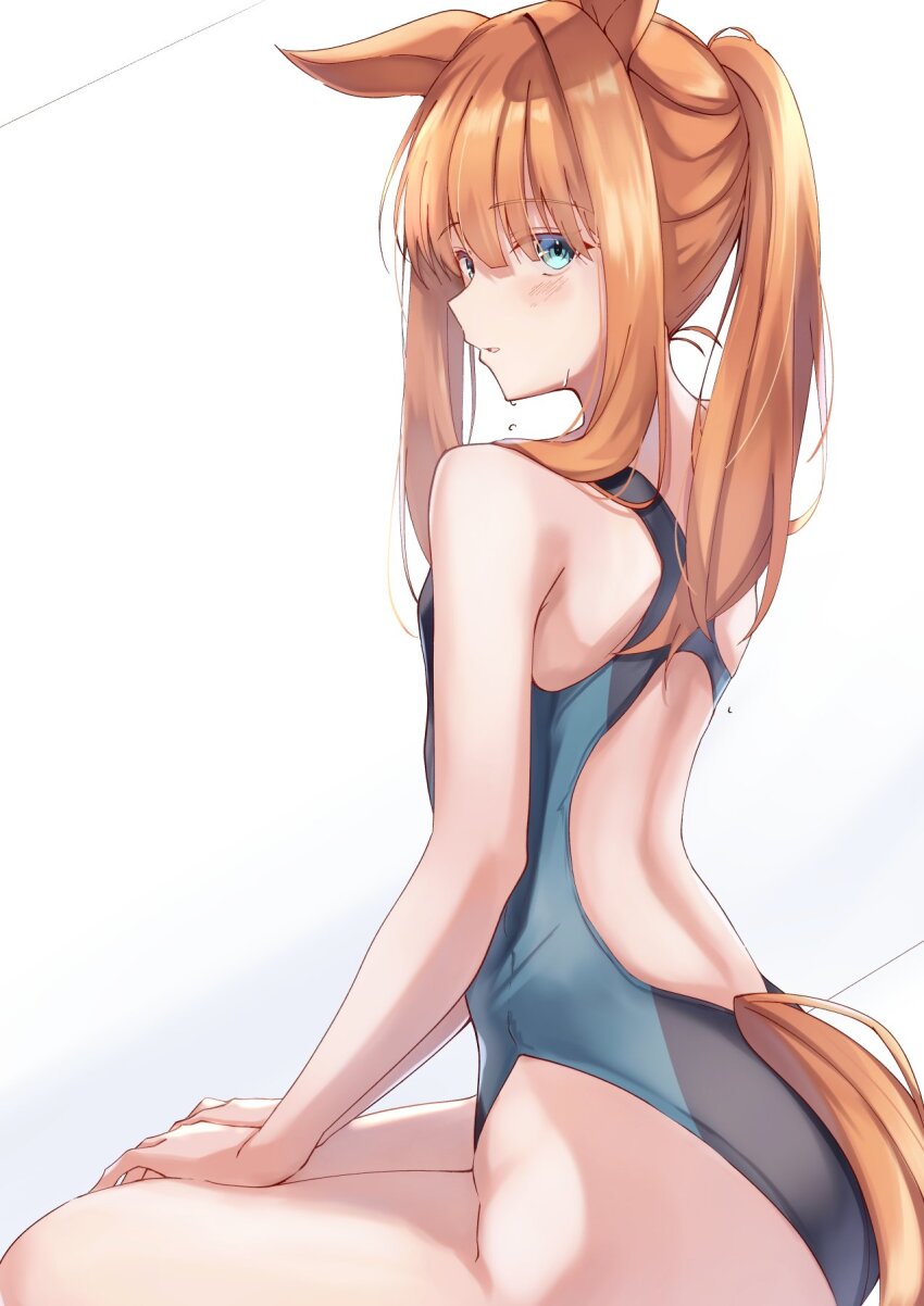 1girl alternate_hairstyle animal_ears ass black_one-piece_swimsuit blue_eyes commentary competition_swimsuit from_behind highleg highleg_one-piece_swimsuit highres horse_ears horse_girl horse_tail long_hair one-piece_swimsuit orange_hair pandoa_(mikage0495) seiza silence_suzuka_(umamusume) simple_background sitting solo swimsuit tail two-tone_swimsuit umamusume white_background
