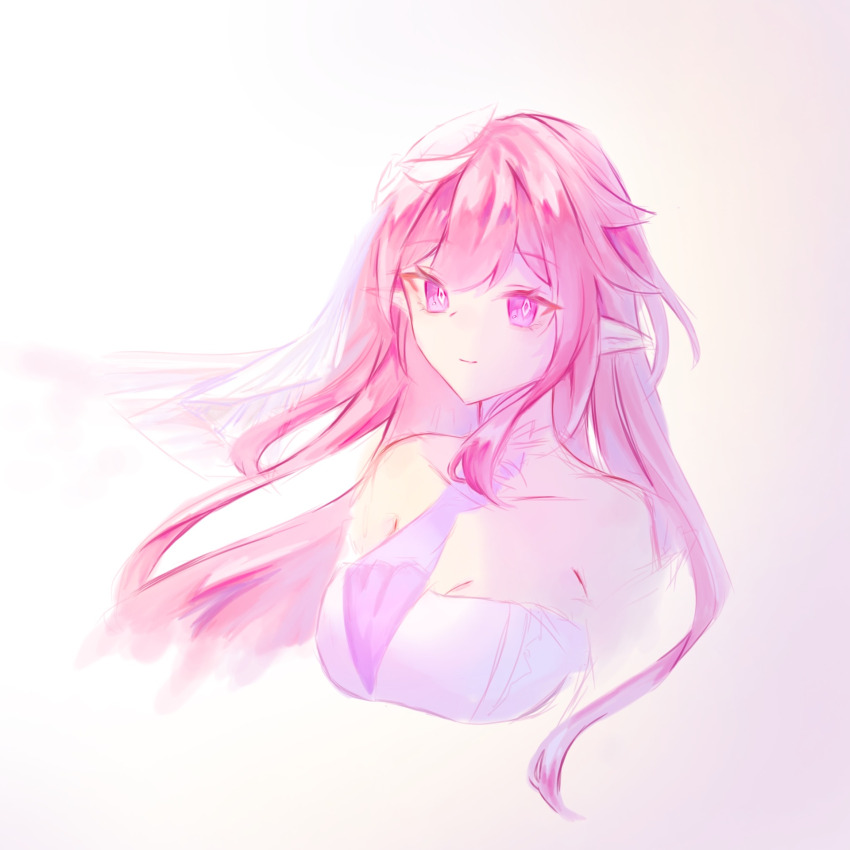 1girl breasts chinese_commentary cleavage commentary_request corset cropped_torso diamond-shaped_pupils diamond_(shape) elf elysia_(herrscher_of_human:_ego)_(honkai_impact) elysia_(honkai_impact) highres honkai_(series) honkai_impact_3rd large_breasts long_hair pink_hair pointy_ears purple_eyes simple_background solo symbol-shaped_pupils veil very_long_hair white_background white_corset white_veil xiaoluoyue03233