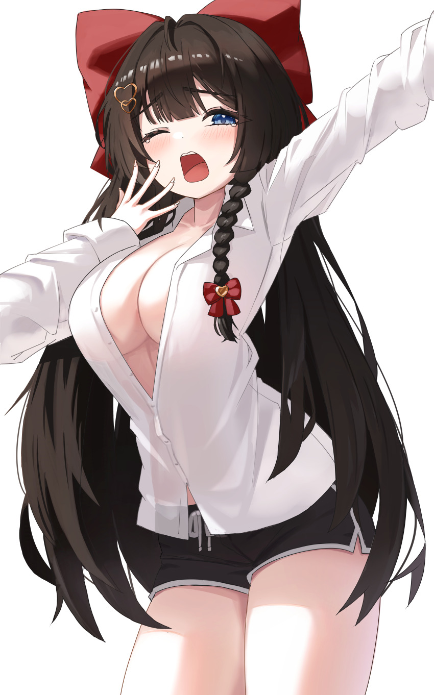 1girl absurdres arm_up black_hair black_shorts blue_eyes bow braid breasts cleavage collared_shirt commission cowboy_shot dolphin_shorts drawstring dress_shirt hair_bow hair_ornament hairclip hand_up heart heart_hair_ornament highres incredibly_absurdres large_breasts long_hair long_sleeves looking_at_viewer no_bra nokde one_eye_closed open_mouth partially_unbuttoned see-through_clothes see-through_shirt shirayuki_hina shirt short_shorts shorts simple_background solo standing stellive tearing_up thighs very_long_hair virtual_youtuber white_background white_shirt
