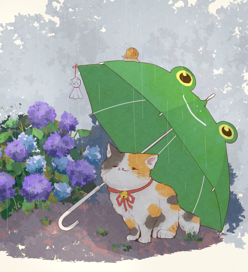 absurdres animal animal-themed_umbrella animal_focus bush cat closed_eyes commentary_request highres no_humans oimo_imoo original outdoors rain sitting snail solo teruterubouzu umbrella
